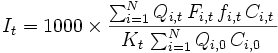  I_t = 1000\times\frac{\sum_{i=1}^N Q_{i,t}\,F_{i,t}\,f_{i,t}\,C_{i,t}\,}{K_t\,\sum_{i=1}^N Q_{i,0}\,C_{i,0}\,} 